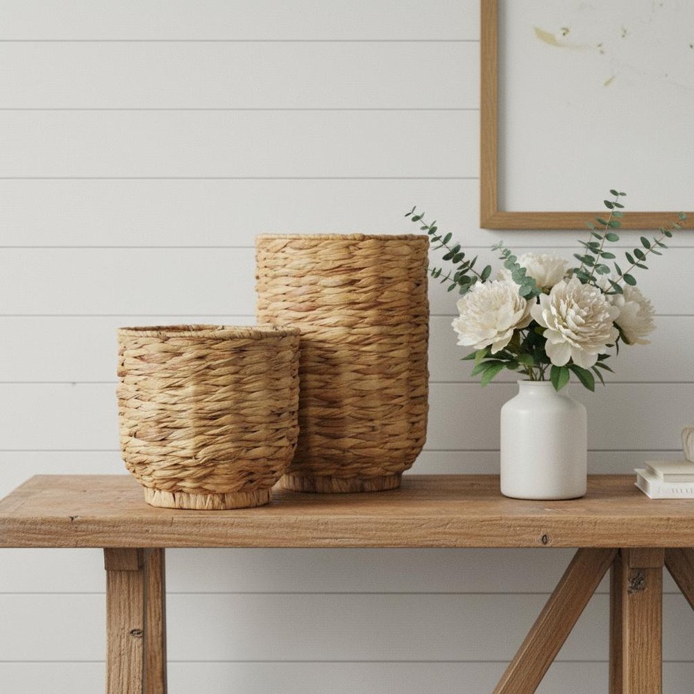 Set of Two Brown Nesting Water Hyacinth Basket With Lid in a home interior