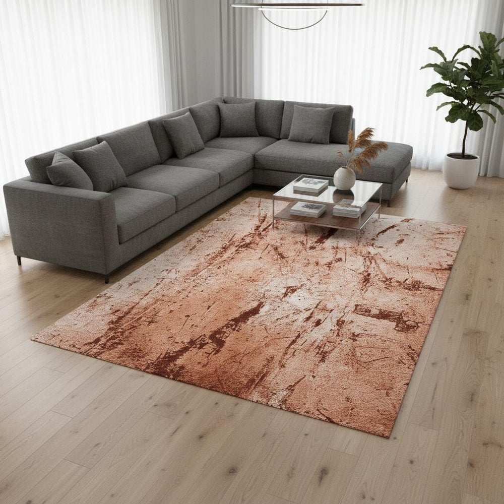 9' X 13' Orange Brown And White Abstract Washable Area Rug With UV Protection