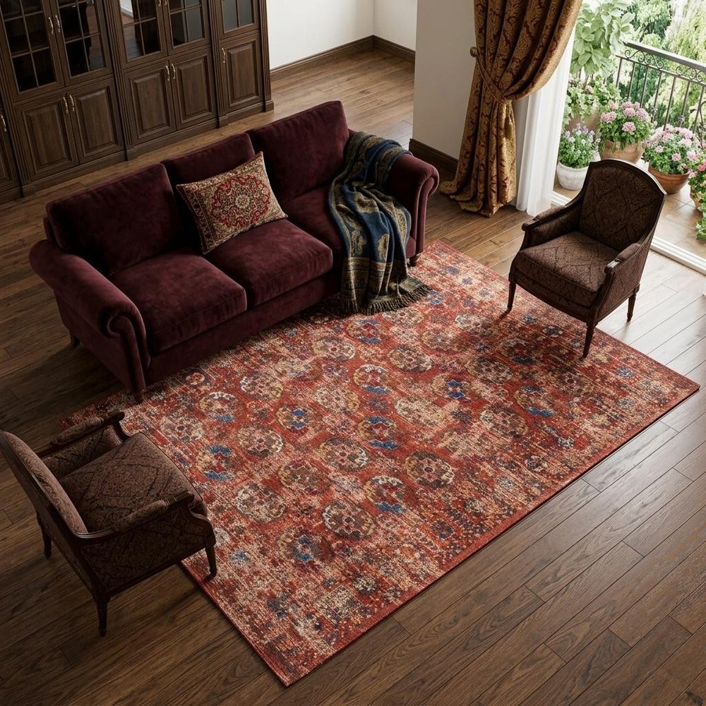 9' X 13' Red And White Tribal Washable Area Rug With UV Protection