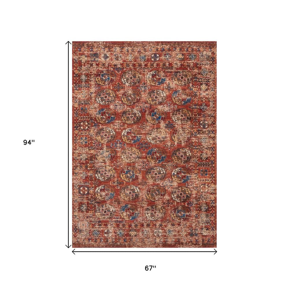 9' X 13' Red And White Tribal Washable Area Rug With UV Protection