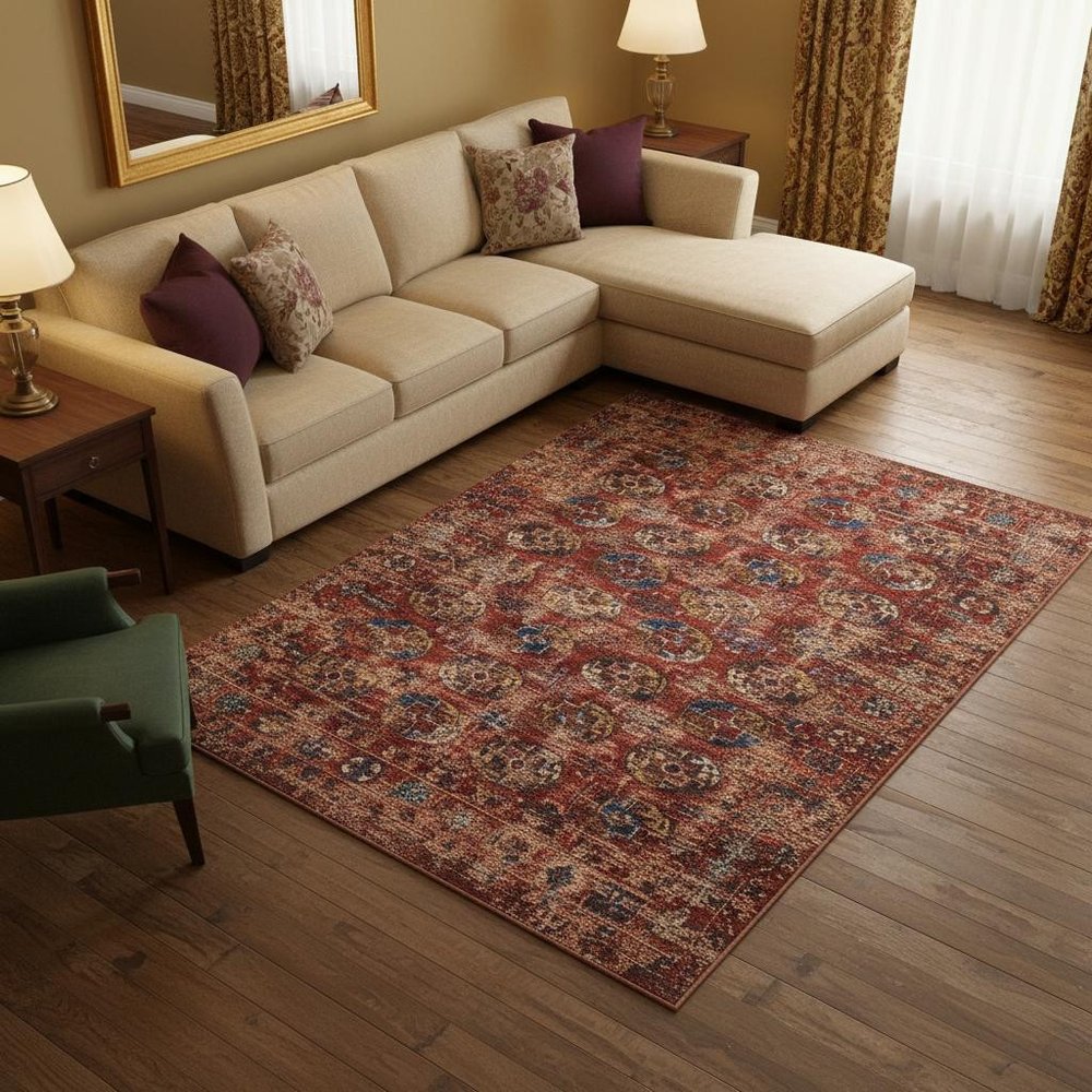 9' X 13' Red And White Tribal Washable Area Rug With UV Protection