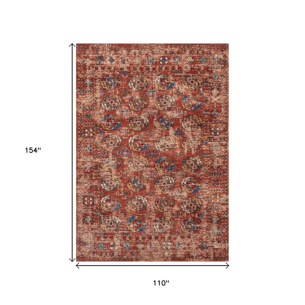 9' X 13' Red And White Tribal Washable Area Rug With UV Protection