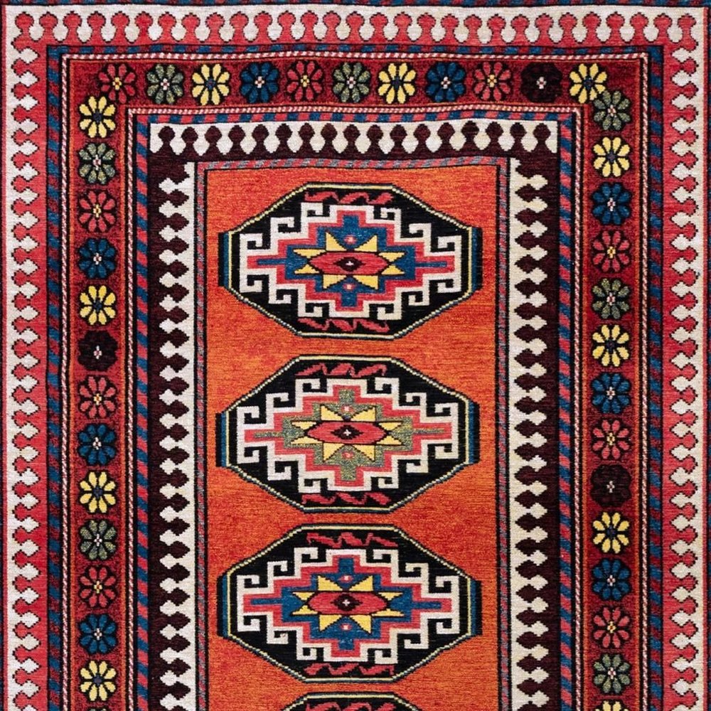 9' X 13' Red And Orange Tribal Washable Area Rug With UV Protection