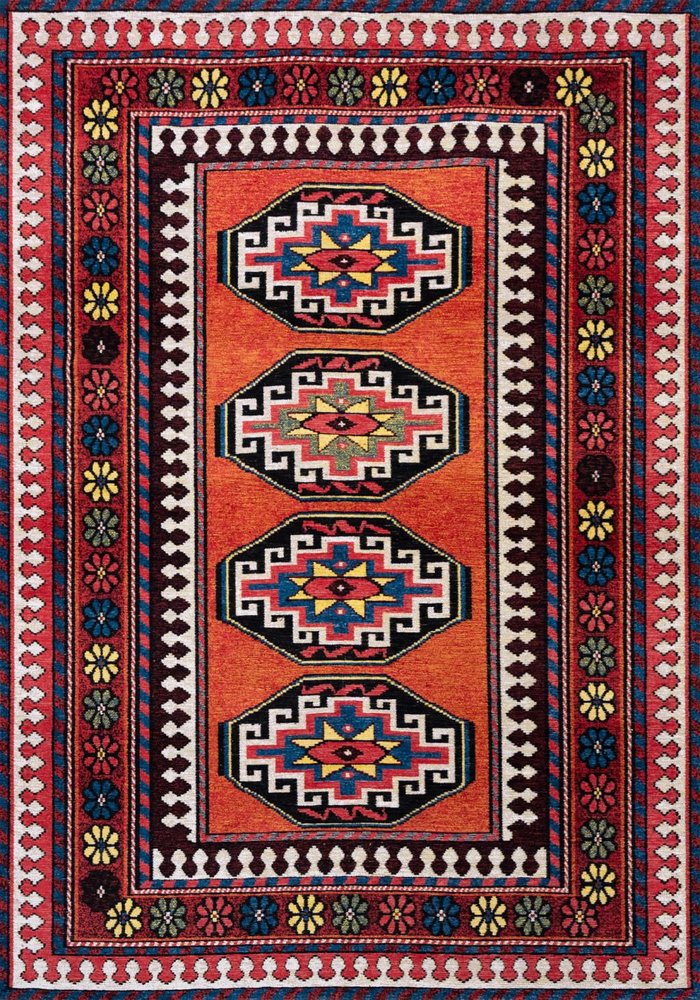 9' X 13' Red And Orange Tribal Washable Area Rug With UV Protection
