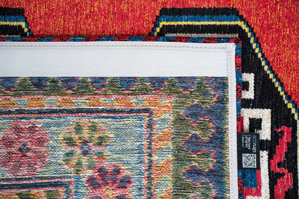 9' X 13' Red And Orange Tribal Washable Area Rug With UV Protection