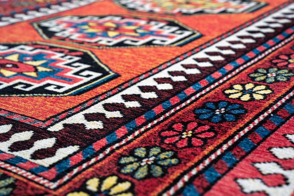 9' X 13' Red And Orange Tribal Washable Area Rug With UV Protection