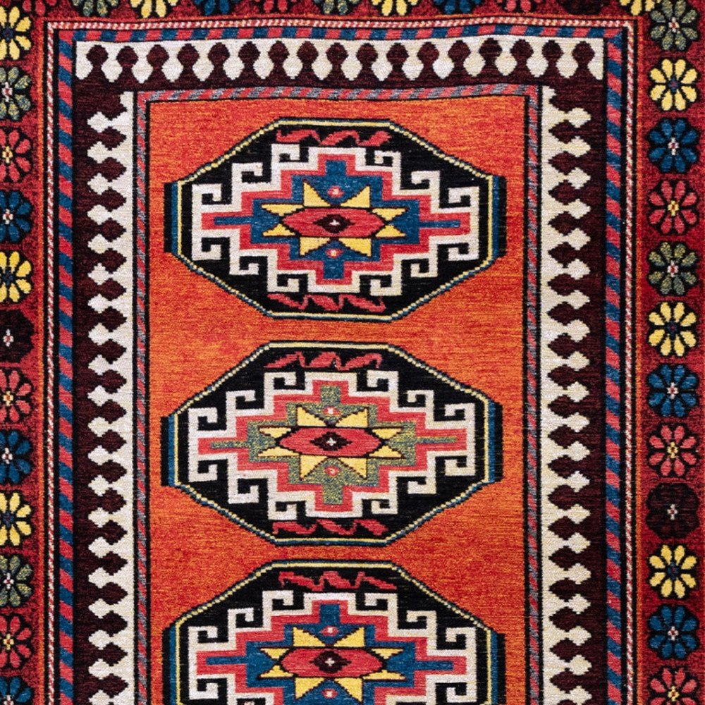 9' X 13' Red And Orange Tribal Washable Area Rug With UV Protection