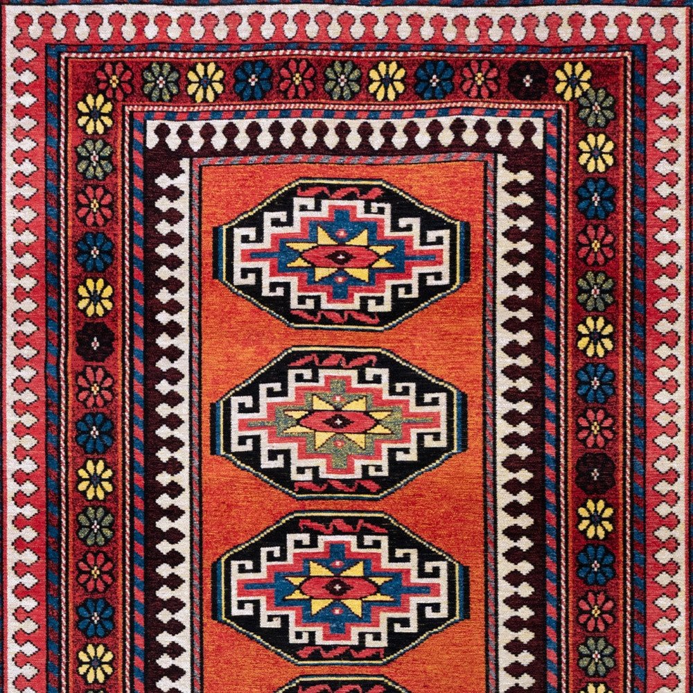9' X 13' Red And Orange Tribal Washable Area Rug With UV Protection