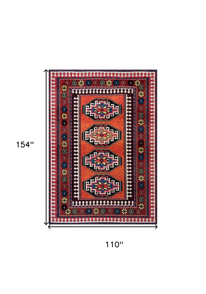 9' X 13' Red And Orange Tribal Washable Area Rug With UV Protection
