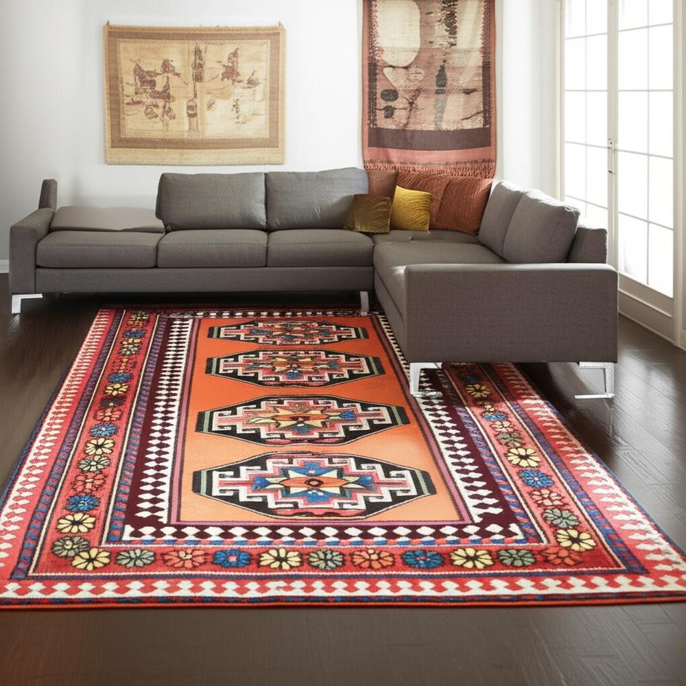 9' X 13' Red And Orange Tribal Washable Area Rug With UV Protection