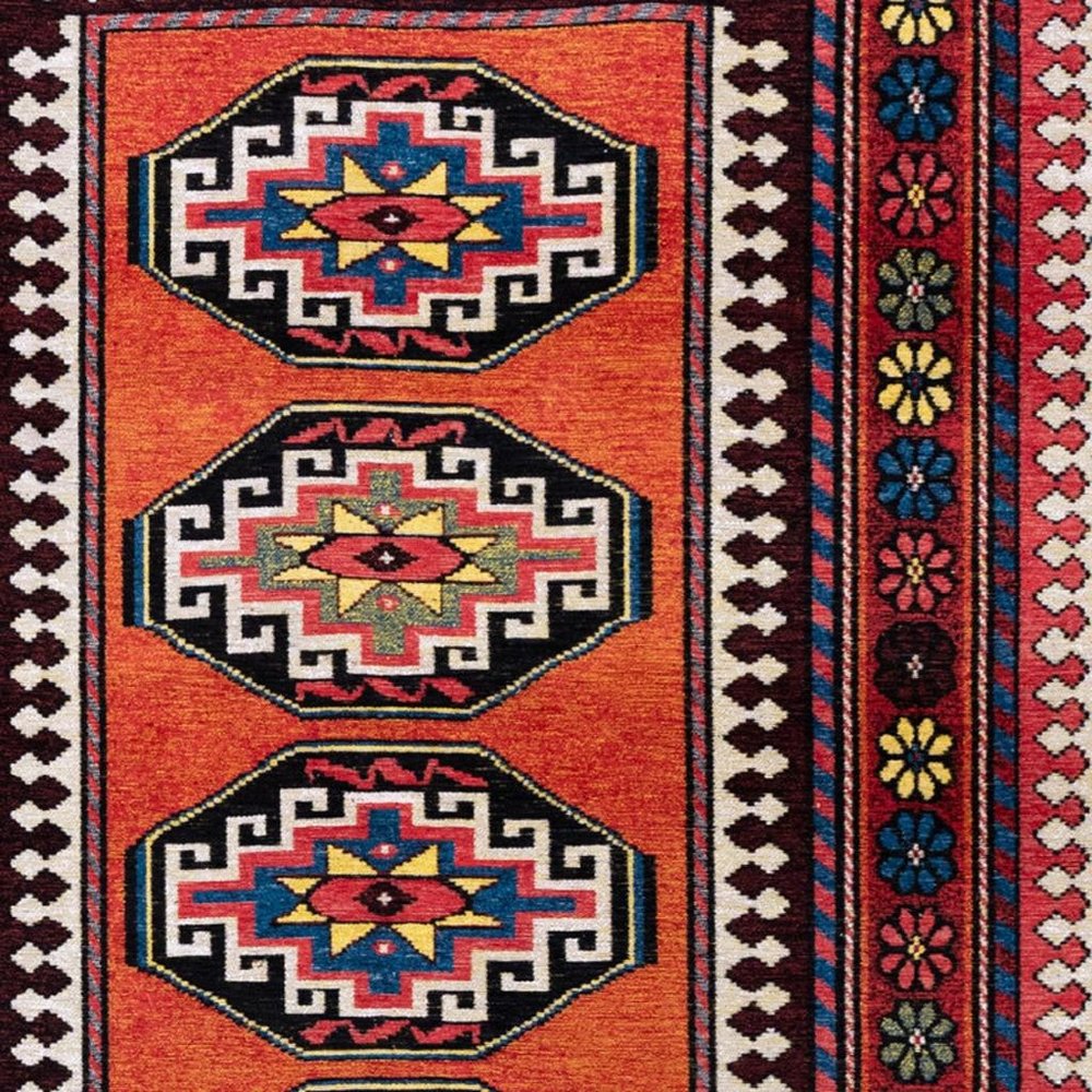 9' X 13' Red And Orange Tribal Washable Area Rug With UV Protection