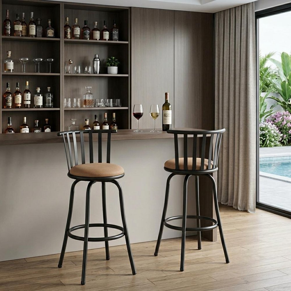 Set of Two Khaki And Black Suede And Faux Leather And Iron Low Back Adjustable Height Swivel Bar Chairs in a home interior