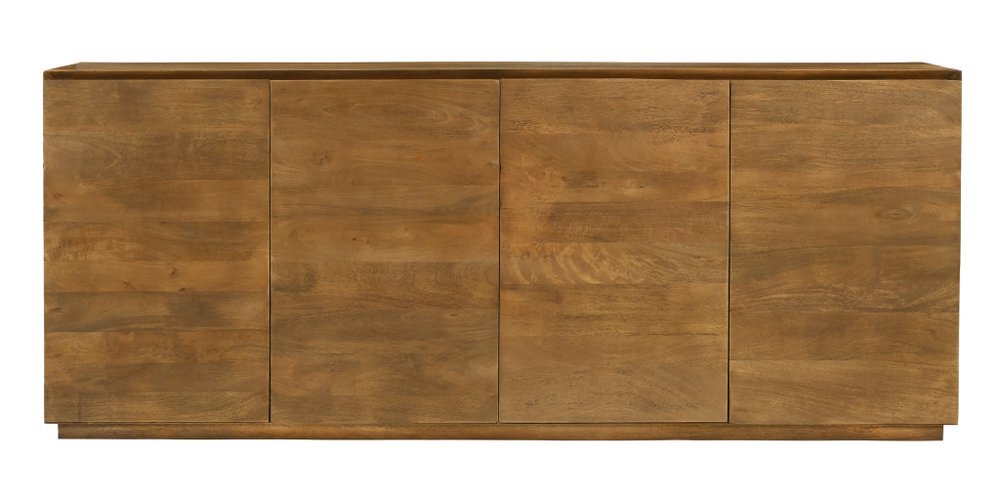 Tan distressed solid wood sideboard with four doors against a white background.