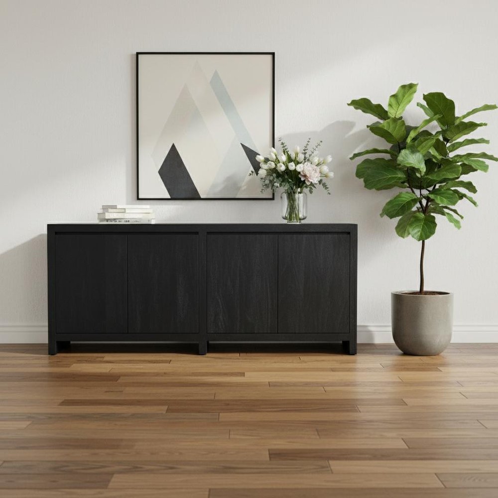84" Graphite Distressed Reclaimed Wood Sideboard With Four Doors in a home interior