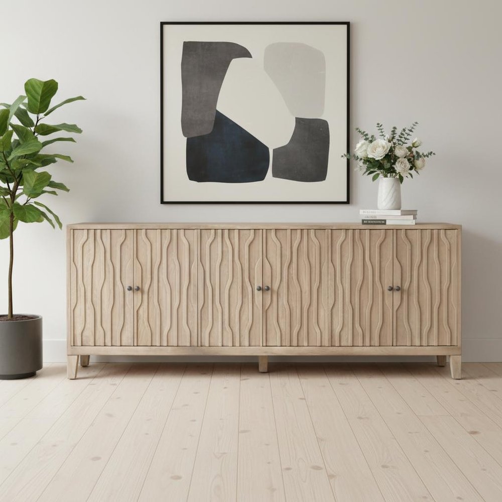 92" Ivory Distressed Reclaimed Wood Carved Geometric Sideboard With Six Doors on a white background