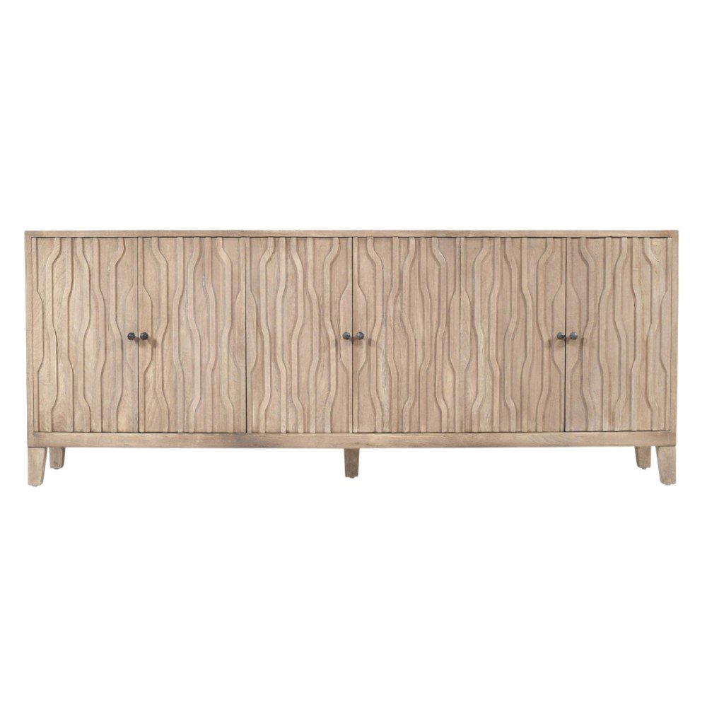 92" Ivory Distressed Reclaimed Wood Carved Geometric Sideboard With Six Doors on a white background