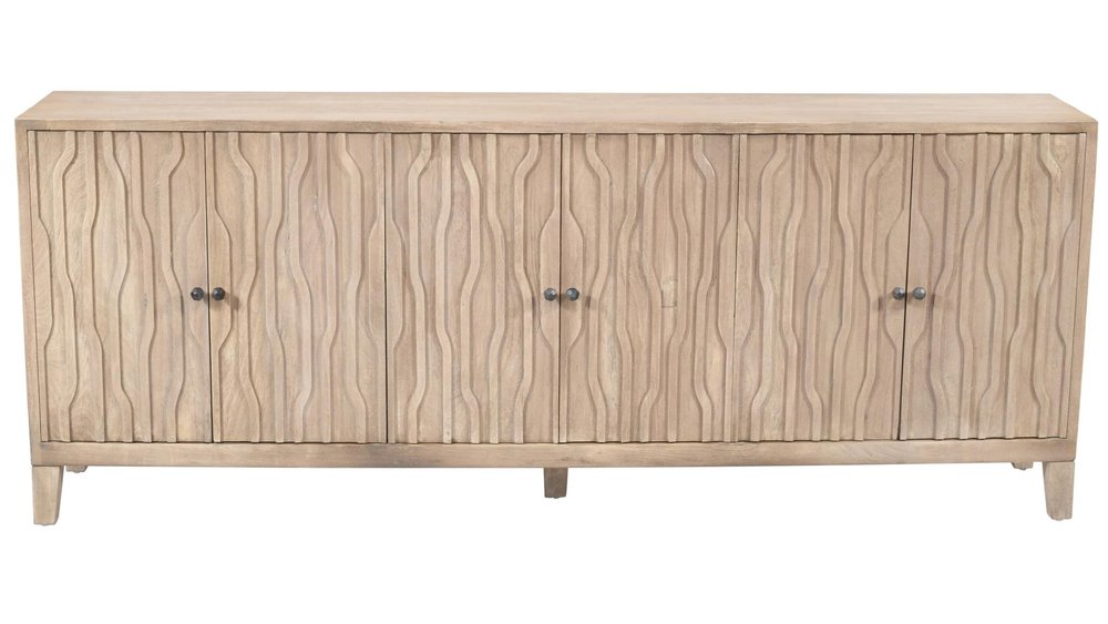 92" Ivory Distressed Reclaimed Wood Carved Geometric Sideboard With Six Doors