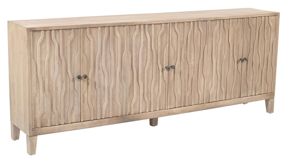92" Ivory Distressed Reclaimed Wood Carved Geometric Sideboard With Six Doors