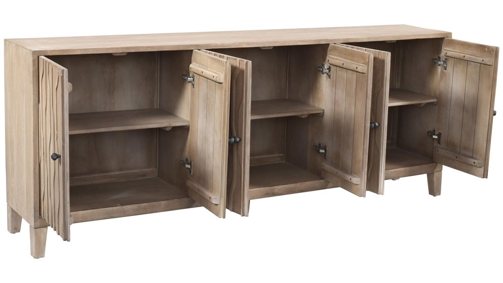 92" Ivory Distressed Reclaimed Wood Carved Geometric Sideboard With Six Doors