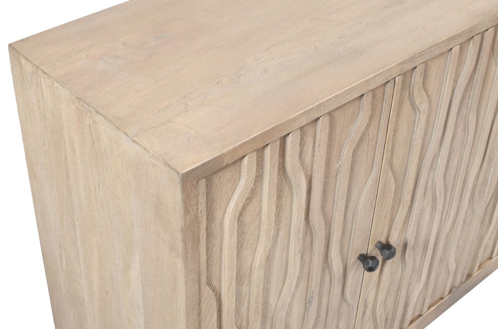 92" Ivory Distressed Reclaimed Wood Carved Geometric Sideboard With Six Doors