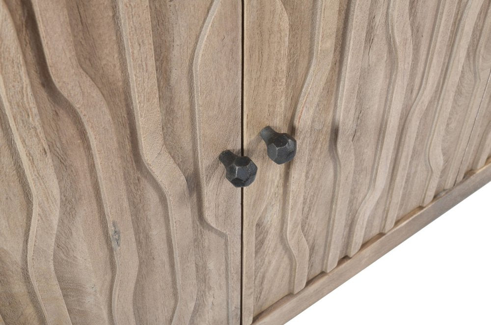 92" Ivory Distressed Reclaimed Wood Carved Geometric Sideboard With Six Doors close-up detail