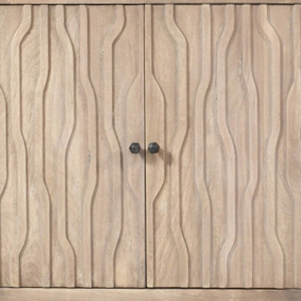 92" Ivory Distressed Reclaimed Wood Carved Geometric Sideboard With Six Doors close-up detail
