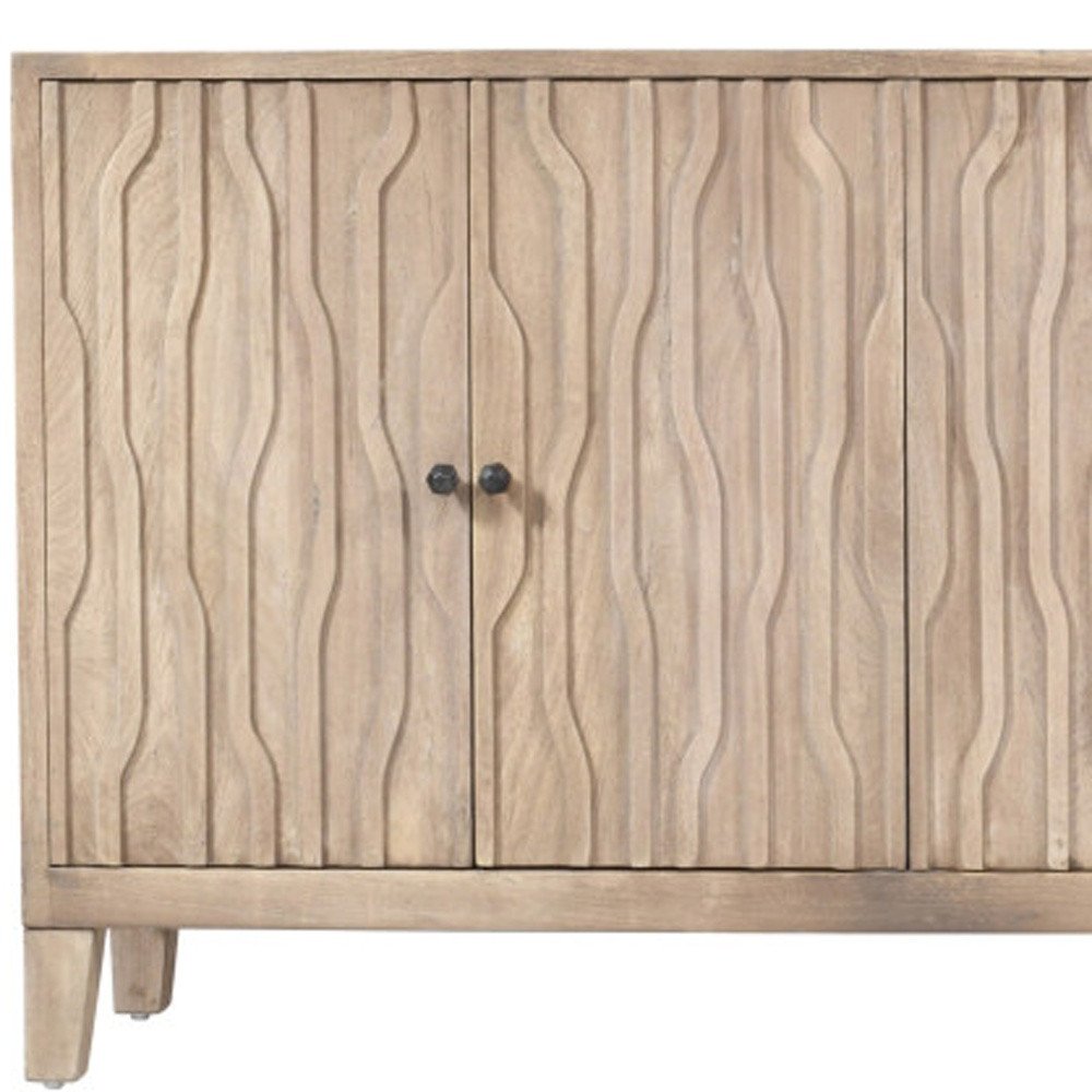 92" Ivory Distressed Reclaimed Wood Carved Geometric Sideboard With Six Doors on a white background
