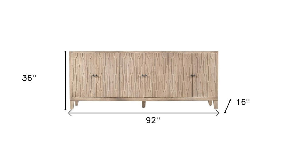 92" Ivory Distressed Reclaimed Wood Carved Geometric Sideboard With Six Doors on a white background