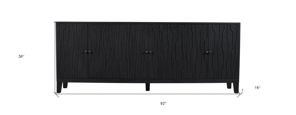92" Graphite Distressed Reclaimed Wood Carved Geometric Sideboard With Six Doors on a white background