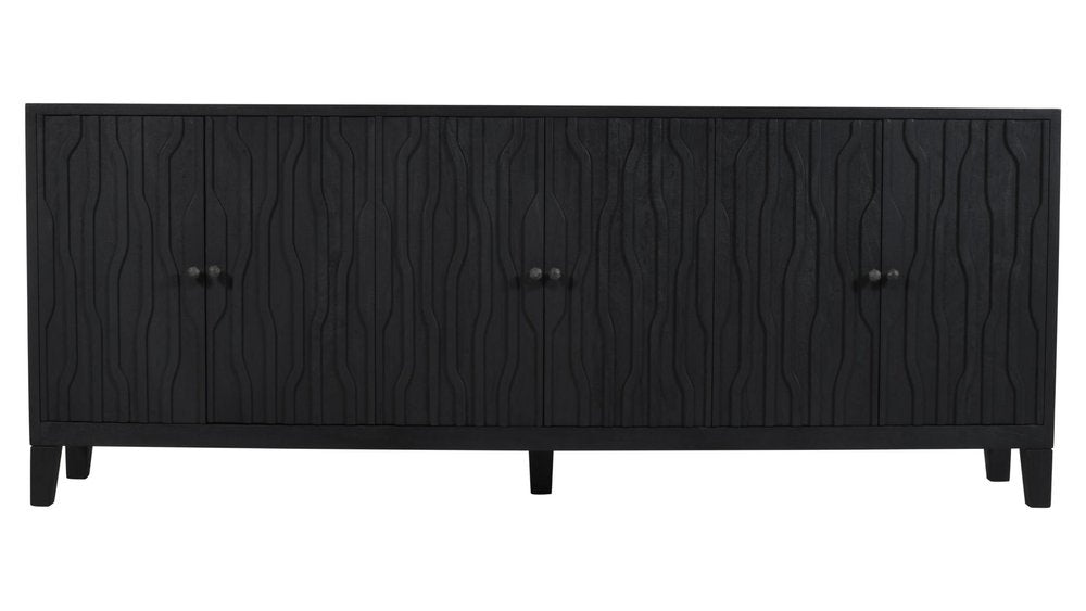 92" Graphite Distressed Reclaimed Wood Carved Geometric Sideboard With Six Doors