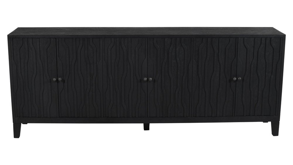 92" Graphite Distressed Reclaimed Wood Carved Geometric Sideboard With Six Doors