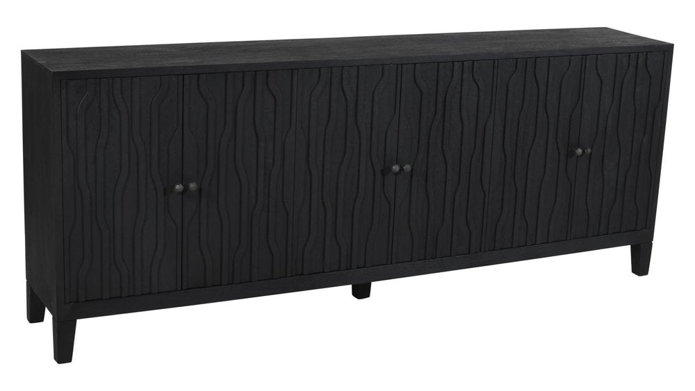 92" Graphite Distressed Reclaimed Wood Carved Geometric Sideboard With Six Doors on a white background