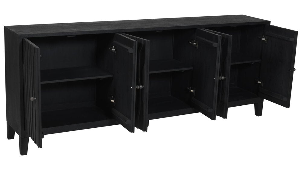 92" Graphite Distressed Reclaimed Wood Carved Geometric Sideboard With Six Doors on a white background
