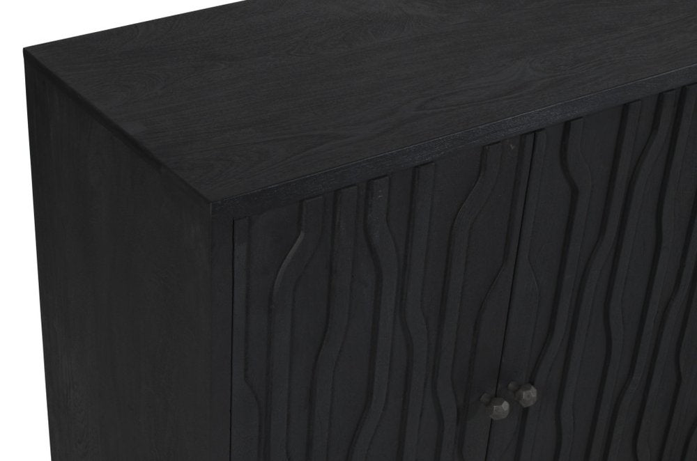 92" Graphite Distressed Reclaimed Wood Carved Geometric Sideboard With Six Doors