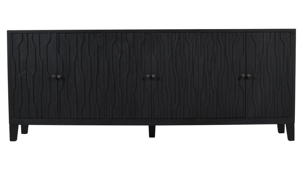 92" Graphite Distressed Reclaimed Wood Carved Geometric Sideboard With Six Doors on a white background