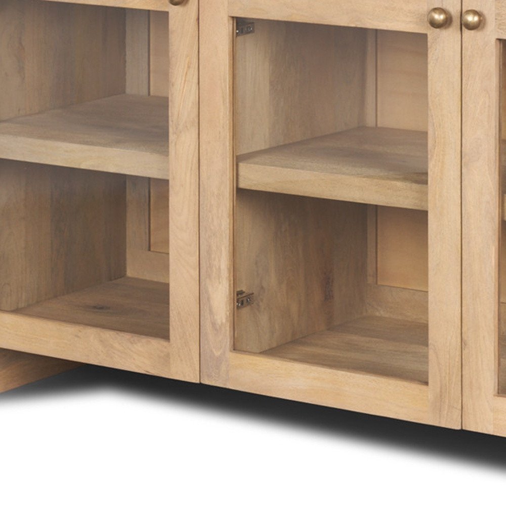 80" Light Brown Solid Wood Three Drawer Sideboard Soft Close with Four Glass Doors close-up detail