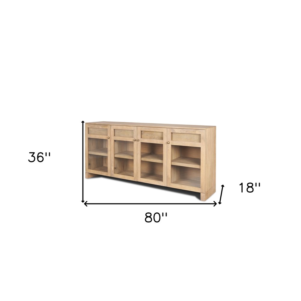 80" Light Brown Solid Wood Three Drawer Sideboard Soft Close with Four Glass Doors on a white background