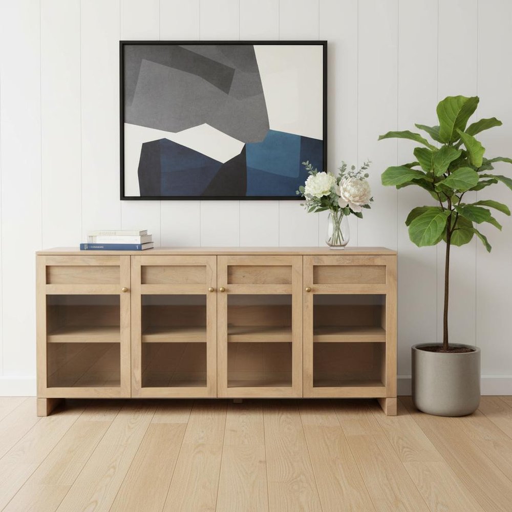 80" Light Brown Solid Wood Three Drawer Sideboard Soft Close with Four Glass Doors close-up detail