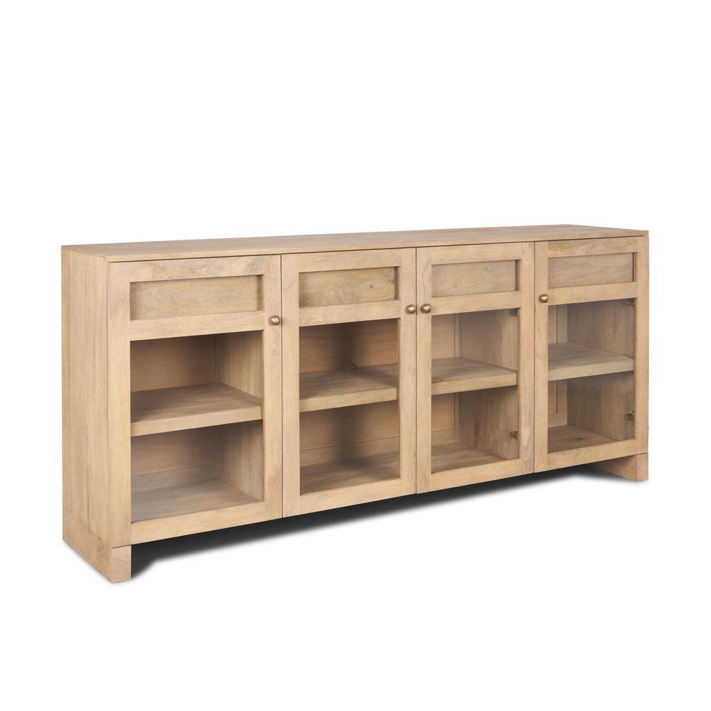 80" Light Brown Solid Wood Three Drawer Sideboard Soft Close with Four Glass Doors on a white background