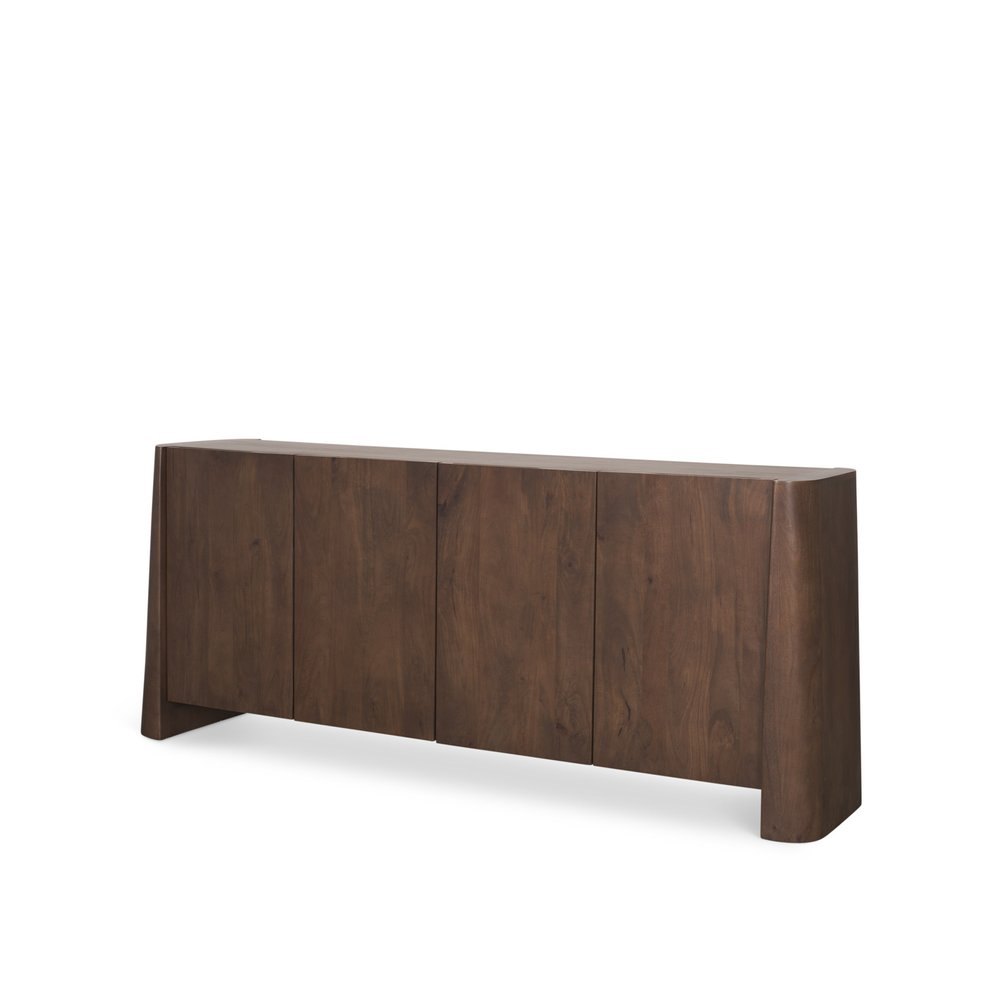 Brown solid wood sideboard with four doors and a curved base, shown against a white background.