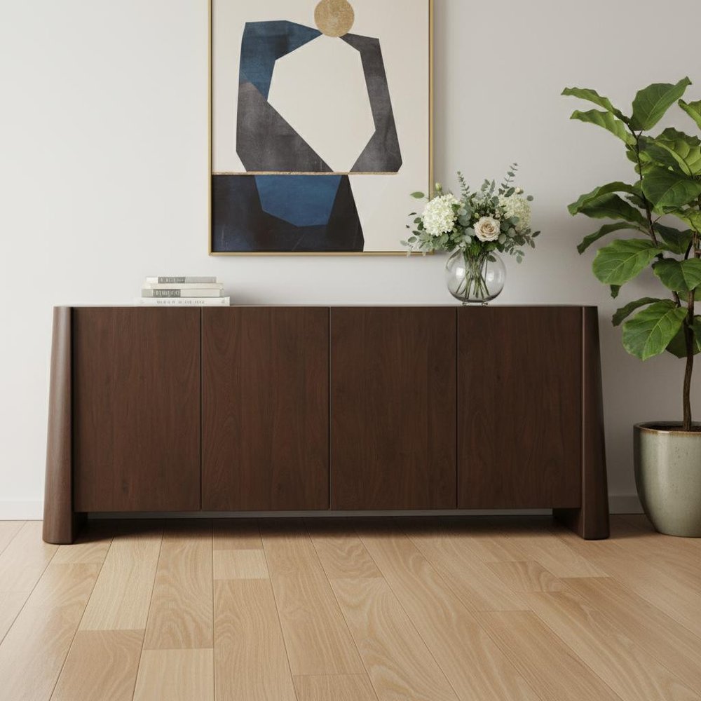 81" Brown Solid Wood Sideboard Soft Close with Four Doors in a home interior