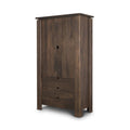 40" Dark Brown Solid Wood Curio Cabinet With Two Doors And Three Drawers. Cabinet isolated on a plain white background, showing a dark brown wood surface.