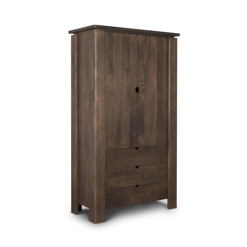 40" Dark Brown Solid Wood Curio Cabinet With Two Doors And Three Drawers. Cabinet isolated on a plain white background, finished in dark brown wood.