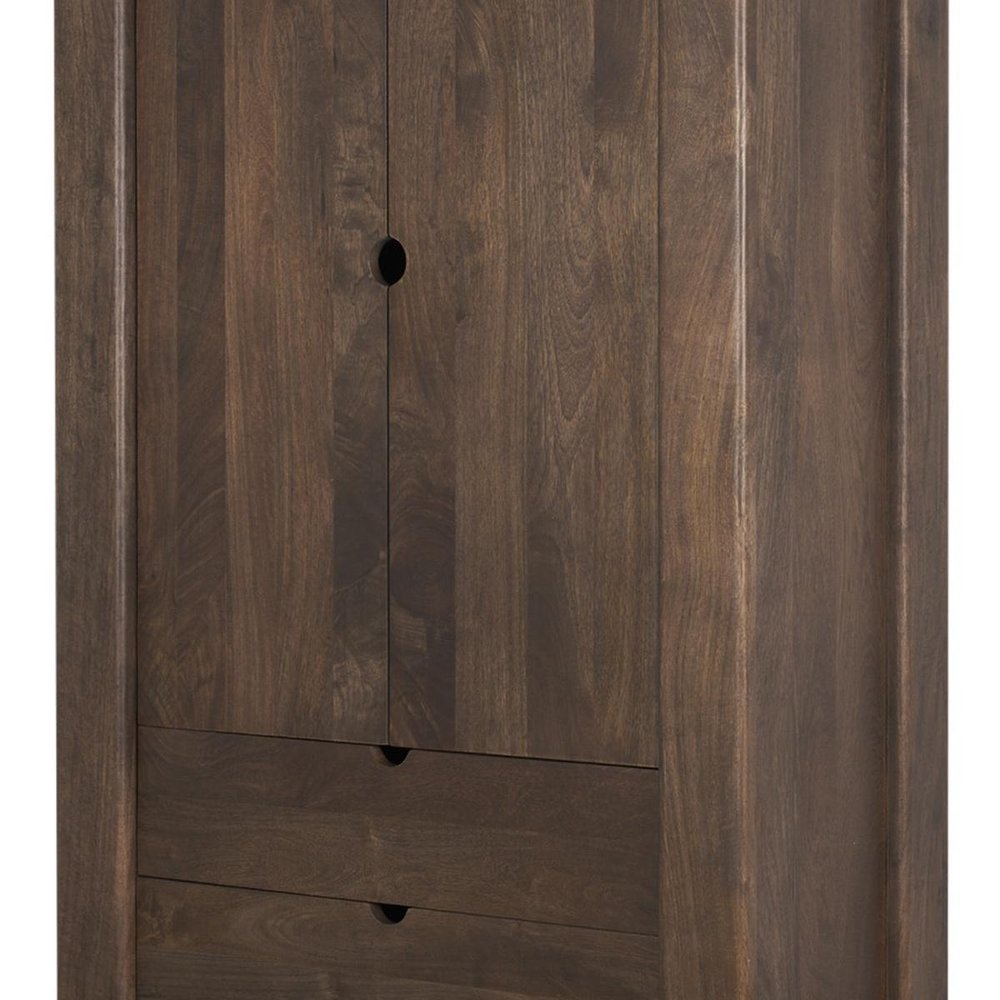 Cropped view of 40" Dark Brown Solid Wood Curio Cabinet With Two Doors And Three Drawers focusing on the dark brown wood surface.