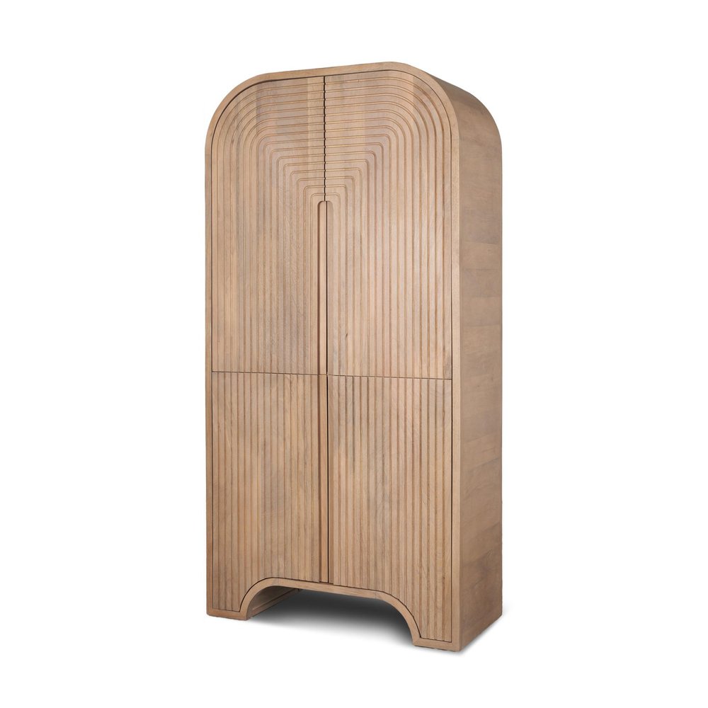 A tall, arched cabinet made of natural solid wood with a textured finish and four doors, shown against a white background.