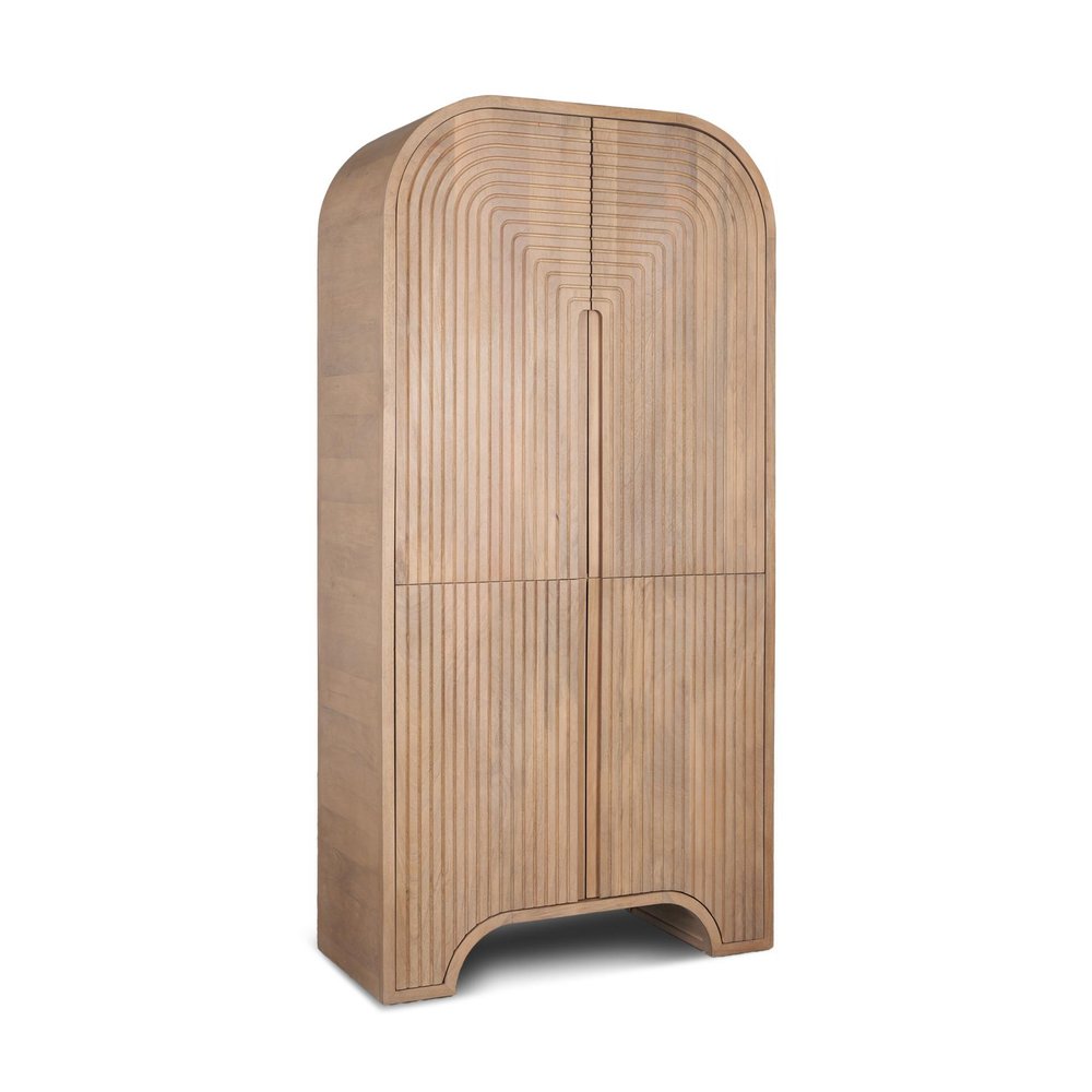 72" Natural Solid Wood Textured Door Arched Cabinet With Four Doors on a white background