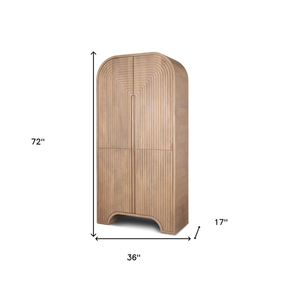 72" Natural Solid Wood Textured Door Arched Cabinet With Four Doors on a white background