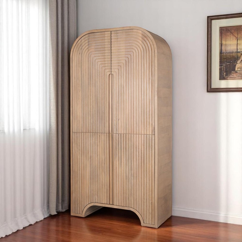 72" Natural Solid Wood Textured Door Arched Cabinet With Four Doors close-up detail