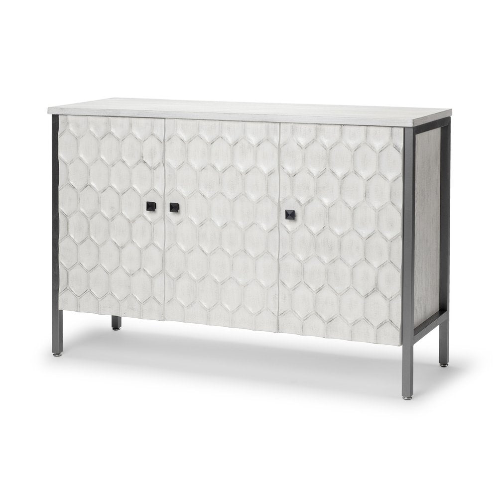 47" White and Gray Wood and Metal Carved Geometric Accent Cabinet With Three Doors