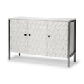 47" White and Gray Wood and Metal Carved Geometric Accent Cabinet With Three Doors. Cabinet isolated on a plain white background, finished in white metal.